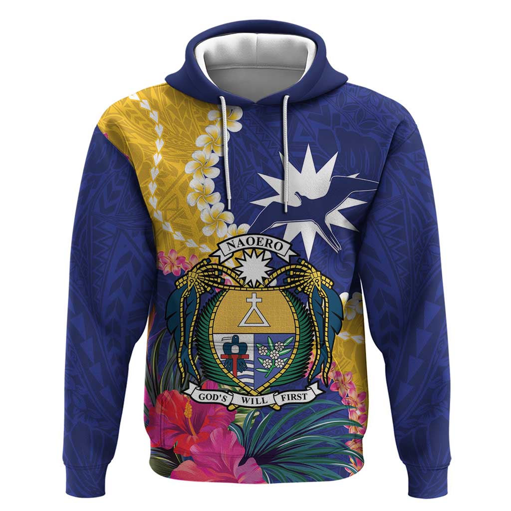 Nauru Independence Day Hoodie Coat Of Arms With Tropical Flowers