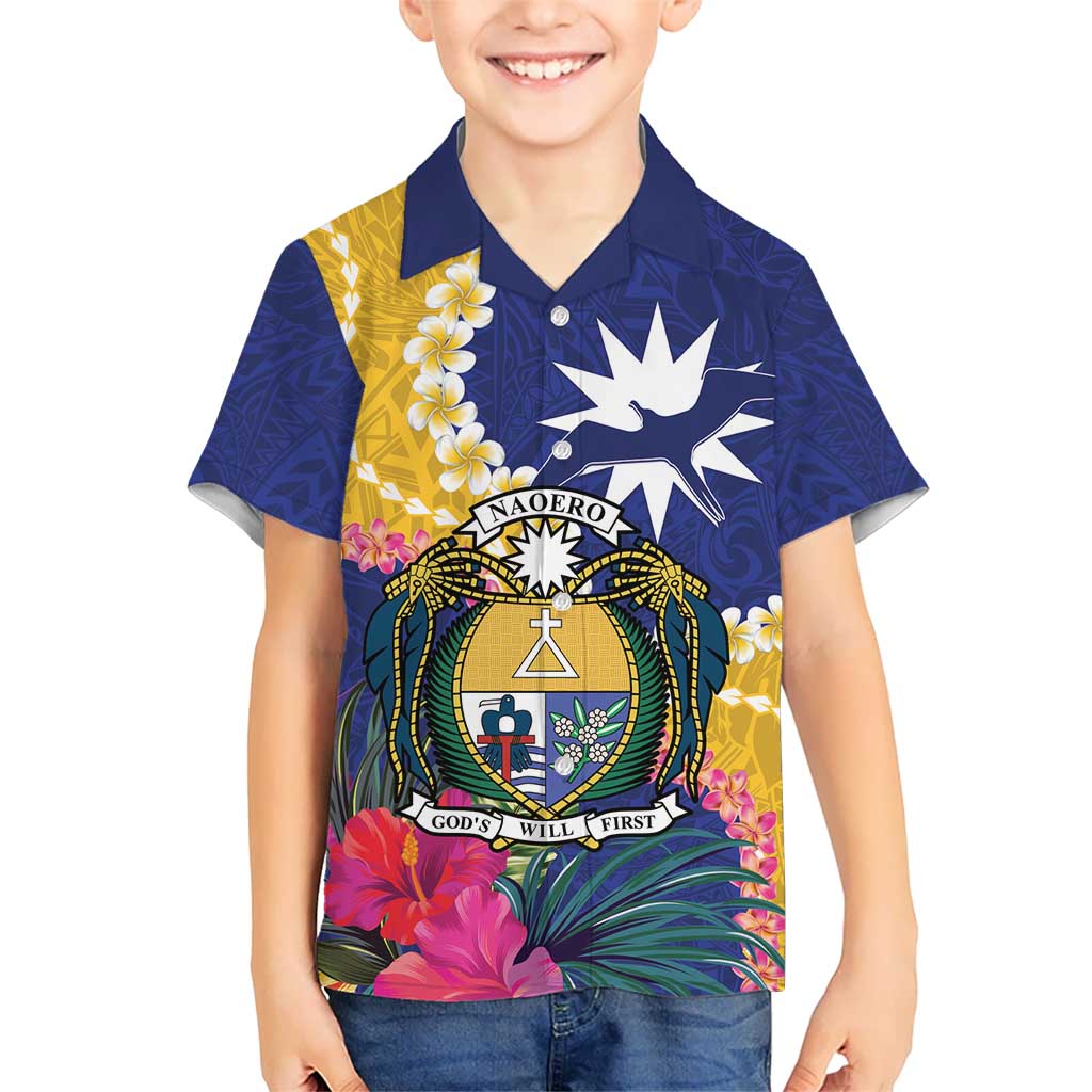 Nauru Independence Day Kid Hawaiian Shirt Coat Of Arms With Tropical Flowers