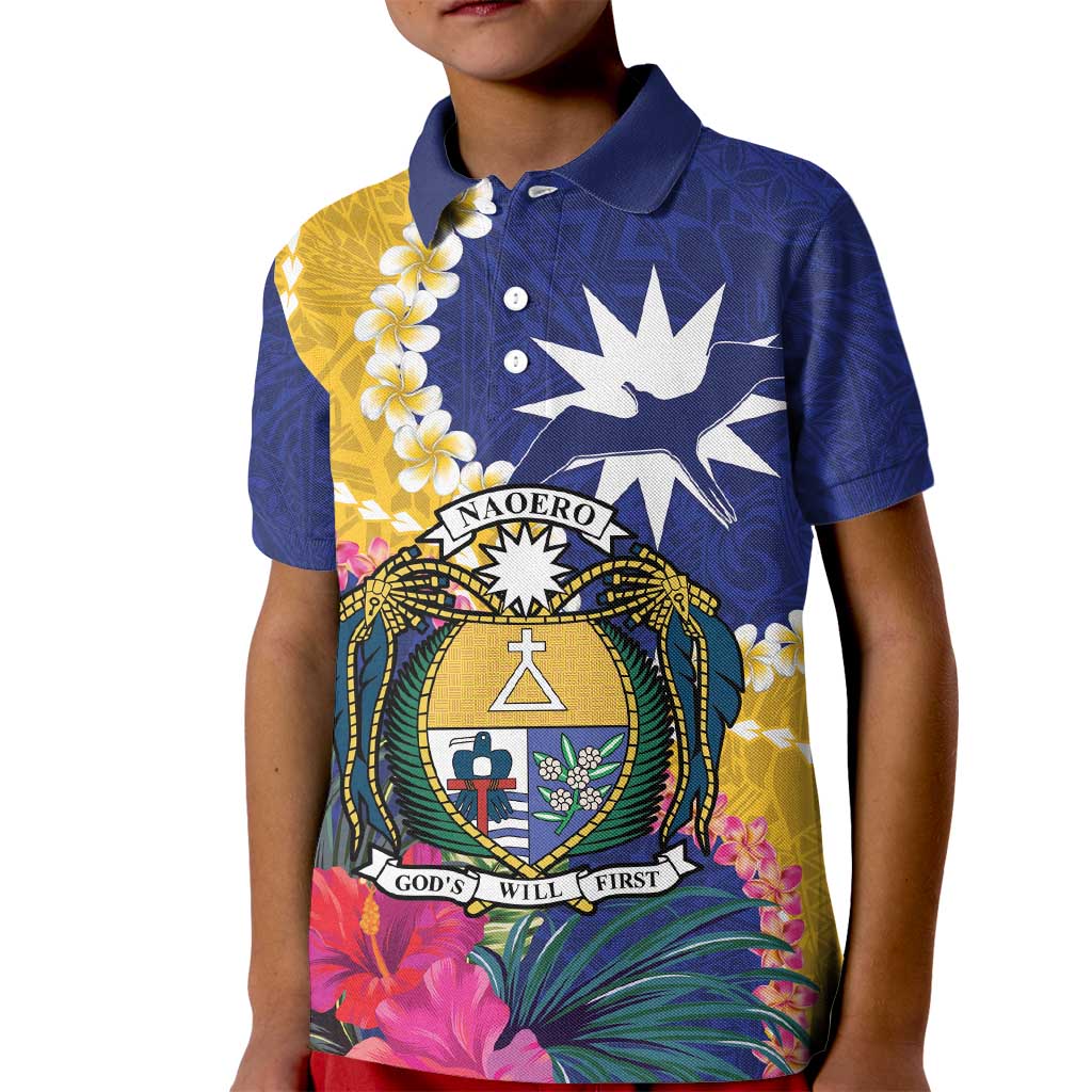 Nauru Independence Day Kid Polo Shirt Coat Of Arms With Tropical Flowers