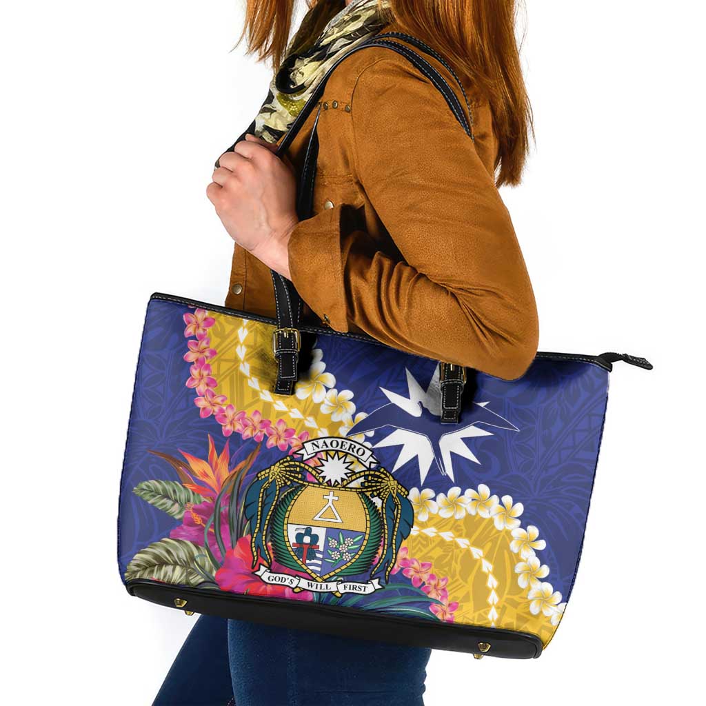 Nauru Independence Day Leather Tote Bag Coat Of Arms With Tropical Flowers