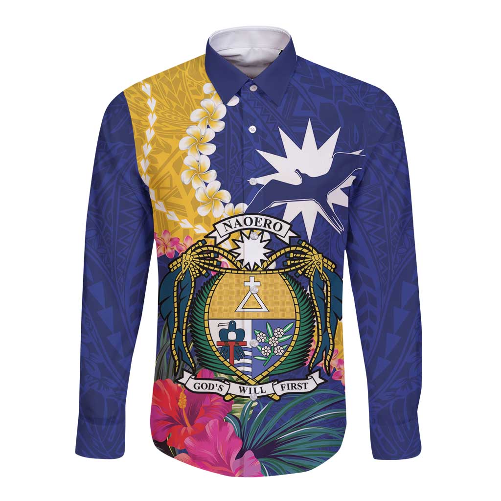 Nauru Independence Day Long Sleeve Button Shirt Coat Of Arms With Tropical Flowers