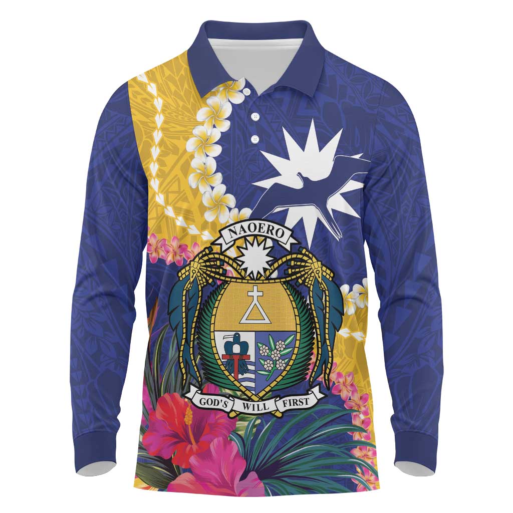 Nauru Independence Day Long Sleeve Polo Shirt Coat Of Arms With Tropical Flowers