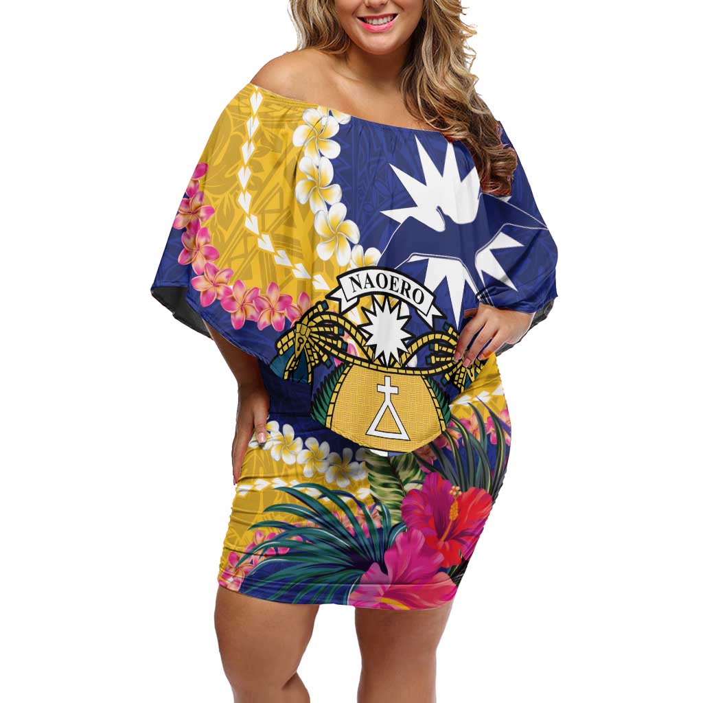 Nauru Independence Day Off Shoulder Short Dress Coat Of Arms With Tropical Flowers