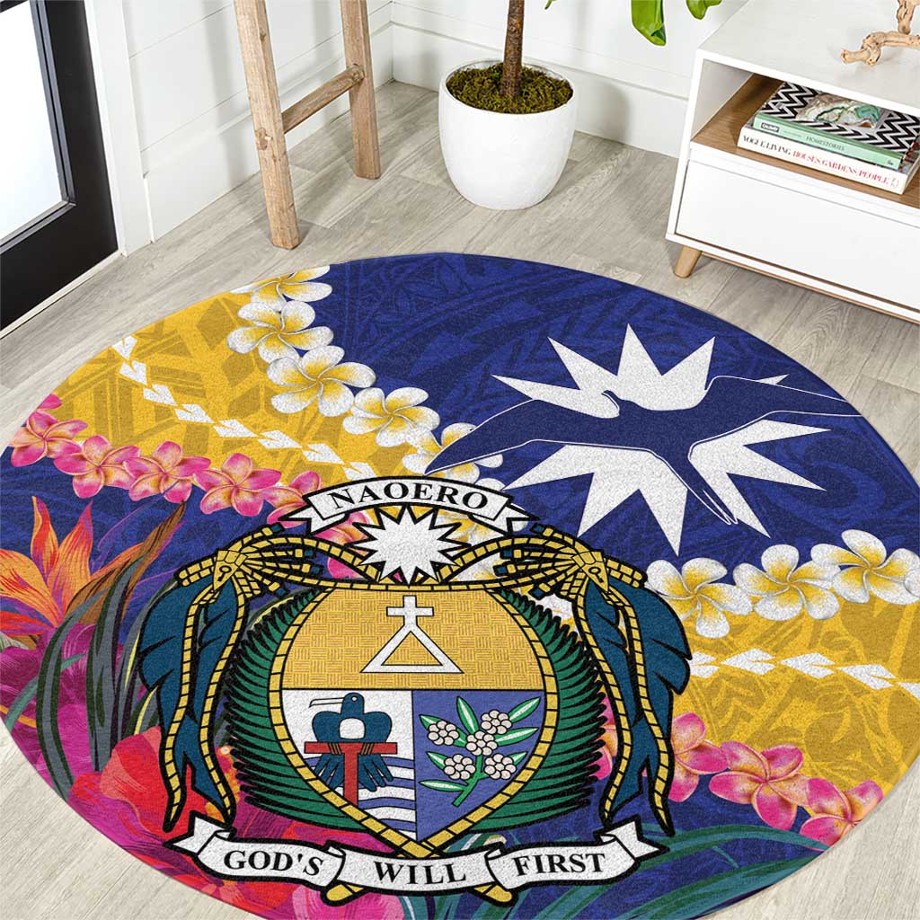 Nauru Independence Day Round Carpet Coat Of Arms With Tropical Flowers