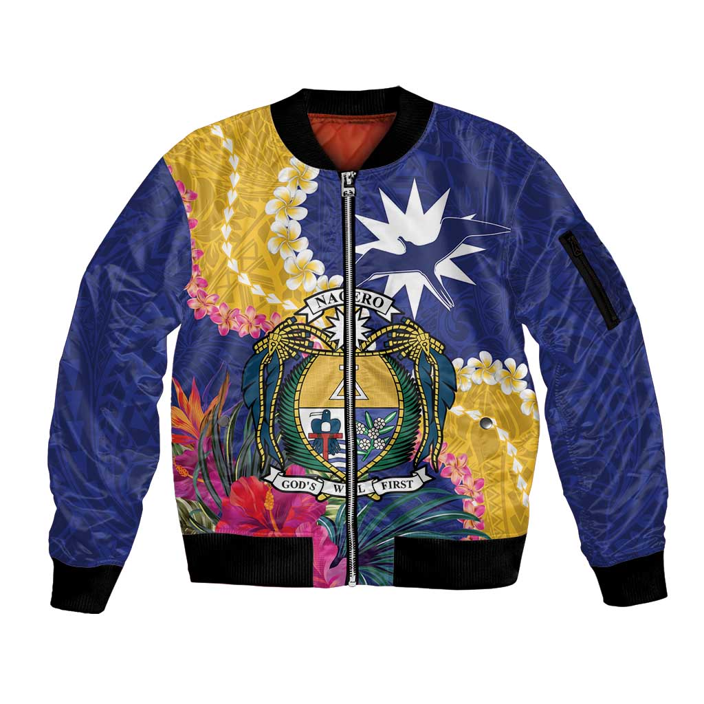 Nauru Independence Day Sleeve Zip Bomber Jacket Coat Of Arms With Tropical Flowers