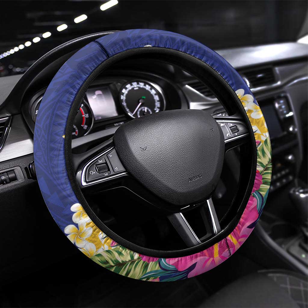 Nauru Independence Day Steering Wheel Cover Coat Of Arms With Tropical Flowers