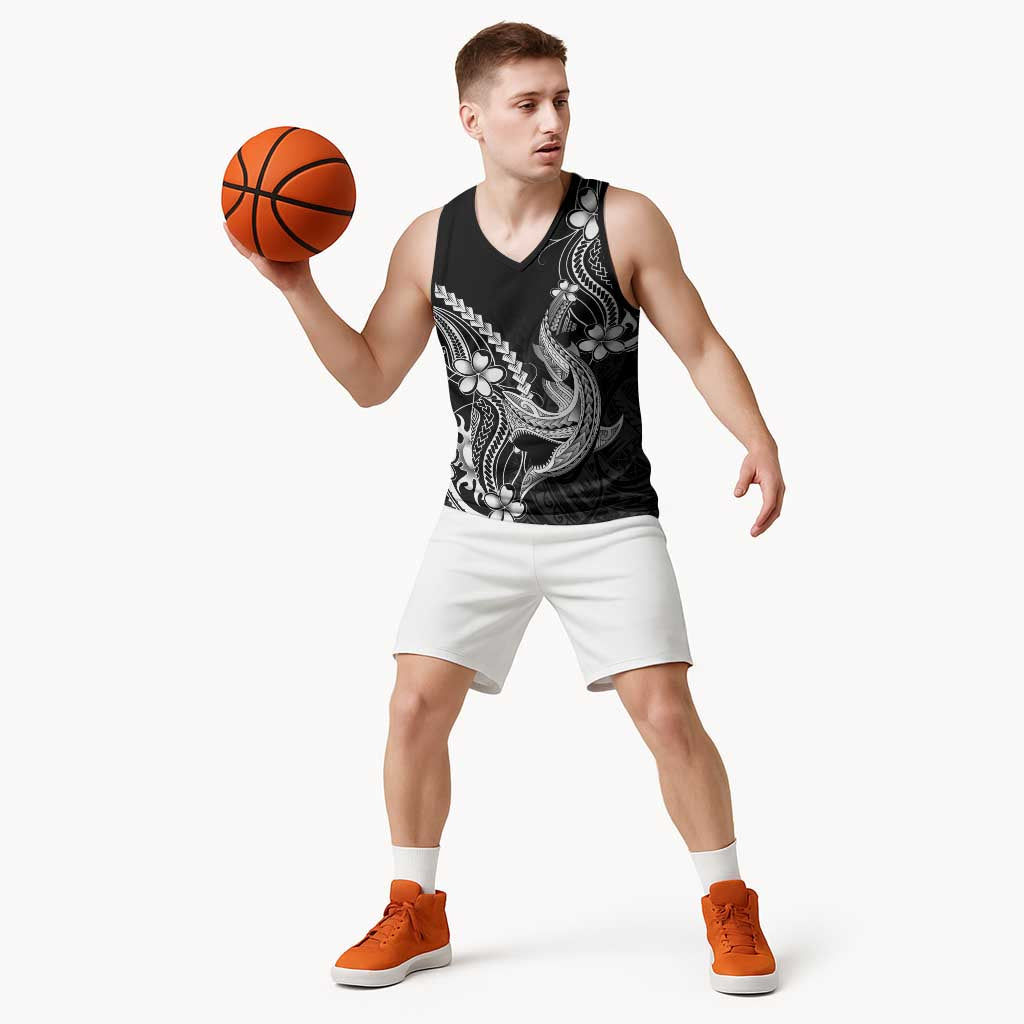 Black Aloha Hawaii Basketball Jersey Polynesian Shark Tattoo With Plumeria - Polynesian Pride