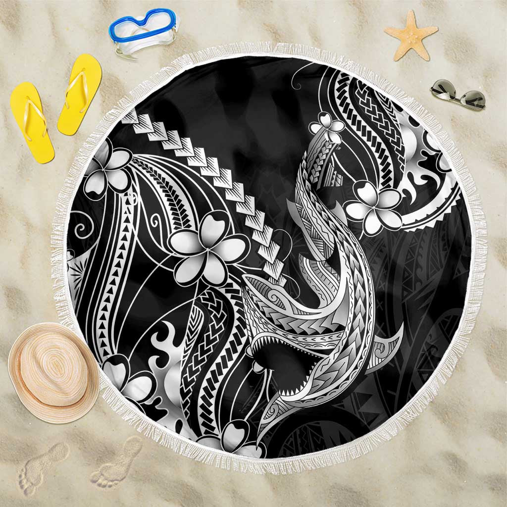 Black Aloha Hawaii Beach Blanket Polynesian Shark Tattoo With Plumeria LT14 One Size 150cm Black - Polynesian Pride