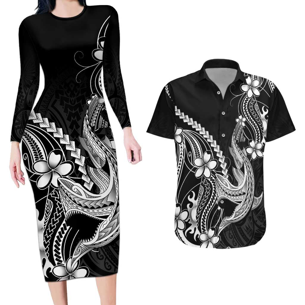 Black Aloha Hawaii Couples Matching Long Sleeve Bodycon Dress and Hawaiian Shirt Polynesian Shark Tattoo With Plumeria LT14 Black - Polynesian Pride