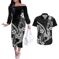 Black Aloha Hawaii Couples Matching Off The Shoulder Long Sleeve Dress and Hawaiian Shirt Polynesian Shark Tattoo With Plumeria LT14 Black - Polynesian Pride
