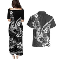 Black Aloha Hawaii Couples Matching Puletasi and Hawaiian Shirt Polynesian Shark Tattoo With Plumeria - Polynesian Pride
