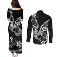 Black Aloha Hawaii Couples Matching Puletasi and Long Sleeve Button Shirt Polynesian Shark Tattoo With Plumeria - Polynesian Pride