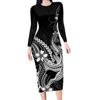 Black Aloha Hawaii Family Matching Long Sleeve Bodycon Dress and Hawaiian Shirt Polynesian Shark Tattoo With Plumeria LT14 Mom's Dress Black - Polynesian Pride