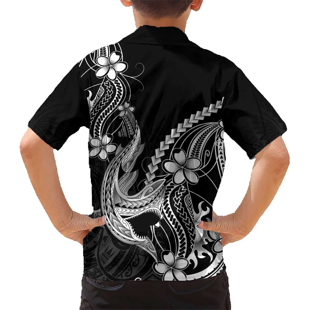 Black Aloha Hawaii Family Matching Off The Shoulder Long Sleeve Dress and Hawaiian Shirt Polynesian Shark Tattoo With Plumeria LT14 - Polynesian Pride