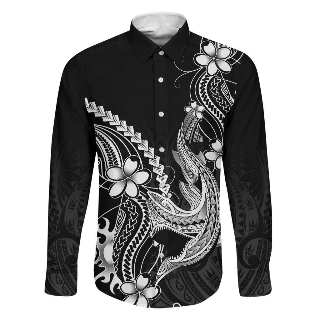 Black Aloha Hawaii Family Matching Off Shoulder Maxi Dress and Hawaiian Shirt Polynesian Shark Tattoo With Plumeria LT14 Dad's Shirt - Long Sleeve Black - Polynesian Pride