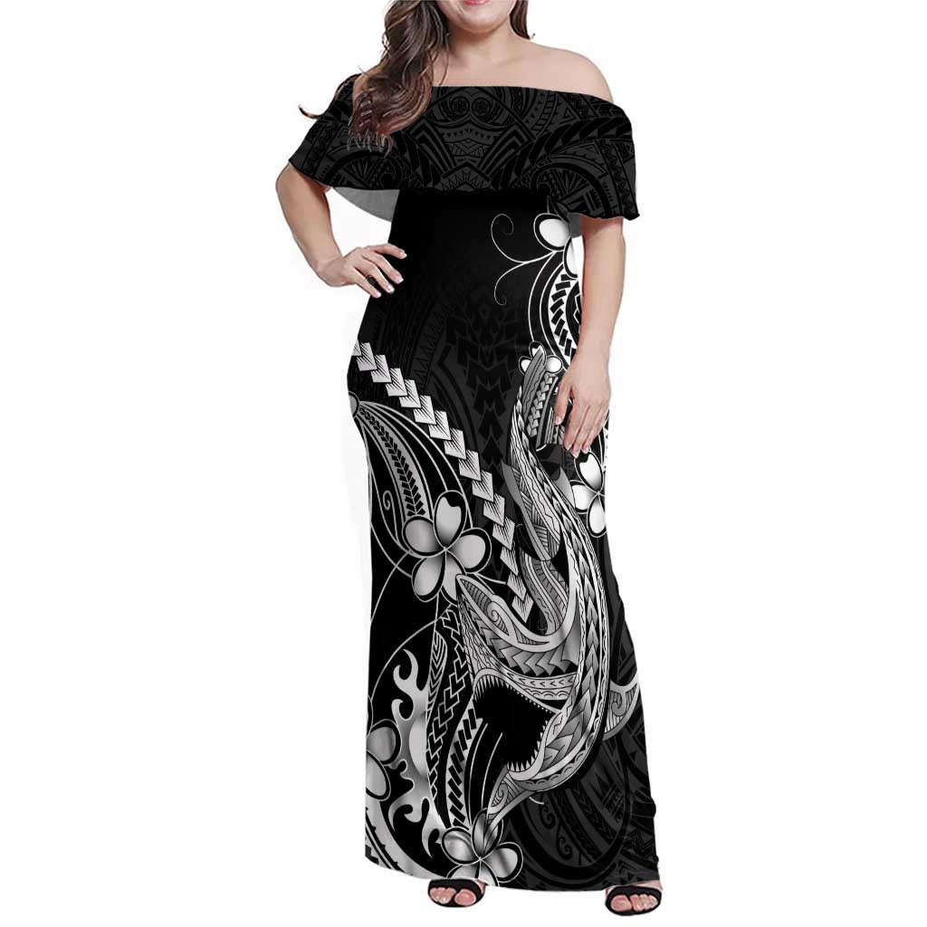 Black Aloha Hawaii Family Matching Off Shoulder Maxi Dress and Hawaiian Shirt Polynesian Shark Tattoo With Plumeria LT14 Mom's Dress Black - Polynesian Pride