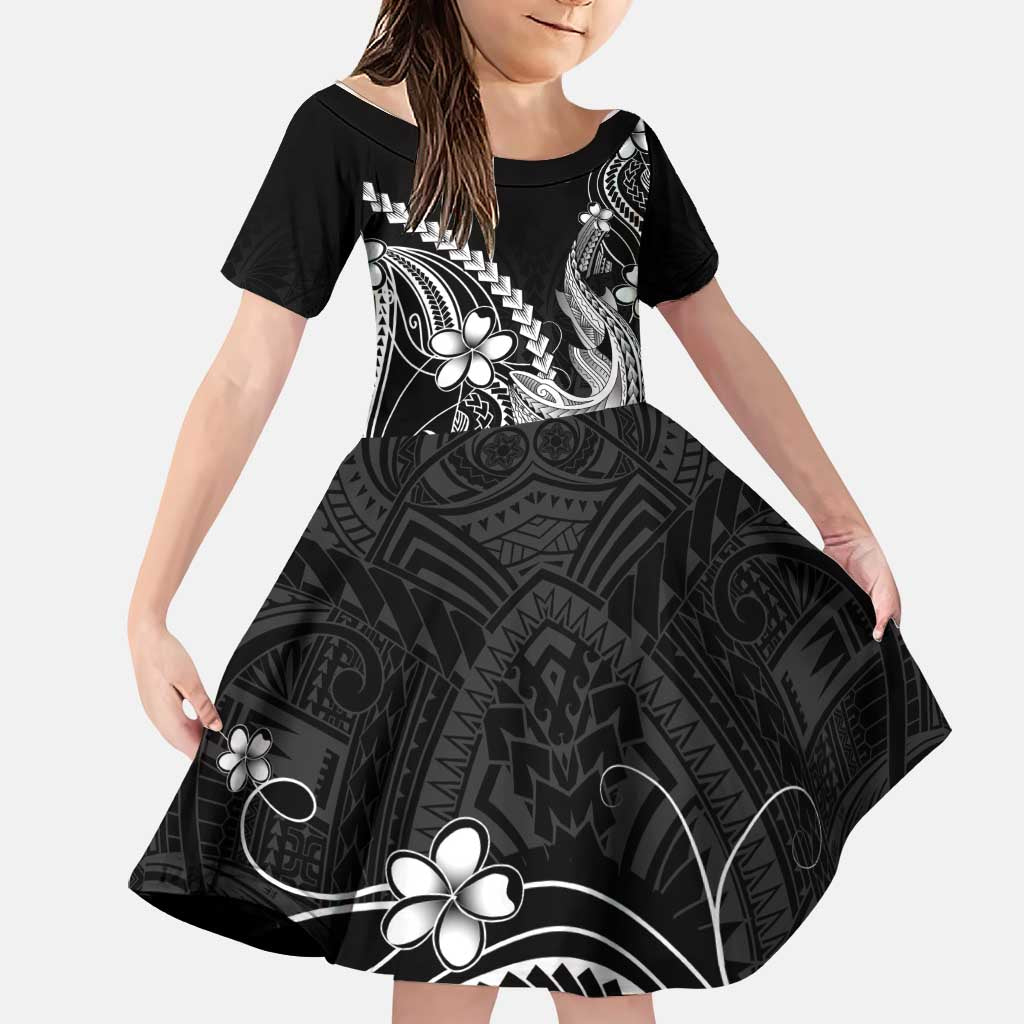 Black Aloha Hawaii Family Matching Off Shoulder Short Dress and Hawaiian Shirt Polynesian Shark Tattoo With Plumeria LT14 Daughter's Dress Black - Polynesian Pride