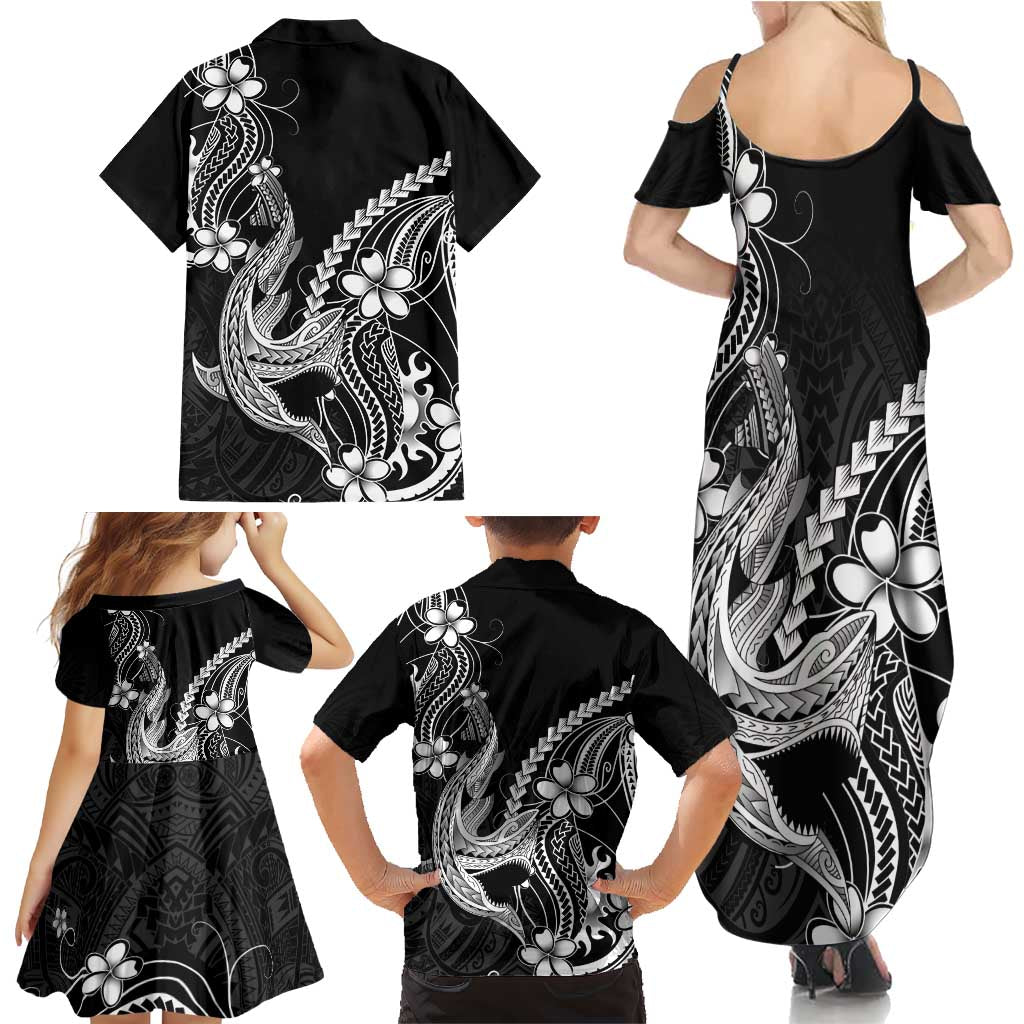 Black Aloha Hawaii Family Matching Summer Maxi Dress and Hawaiian Shirt Polynesian Shark Tattoo With Plumeria LT14 - Polynesian Pride