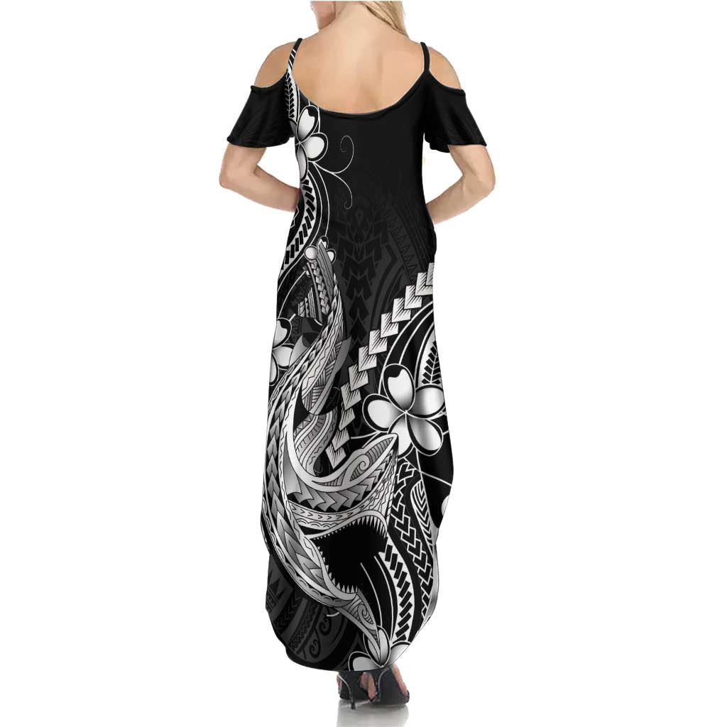 Black Aloha Hawaii Family Matching Summer Maxi Dress and Hawaiian Shirt Polynesian Shark Tattoo With Plumeria LT14 - Polynesian Pride