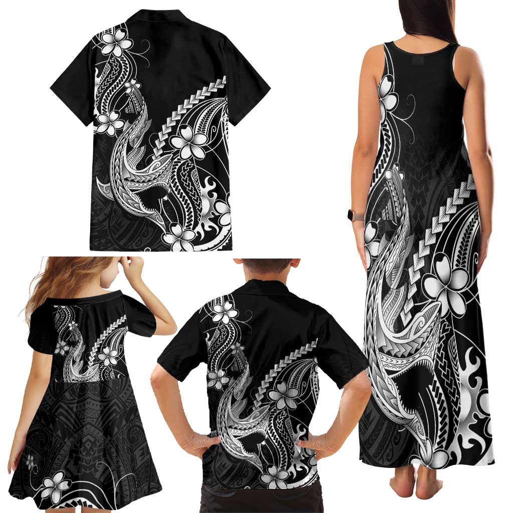 Black Aloha Hawaii Family Matching Tank Maxi Dress and Hawaiian Shirt Polynesian Shark Tattoo With Plumeria LT14 - Polynesian Pride