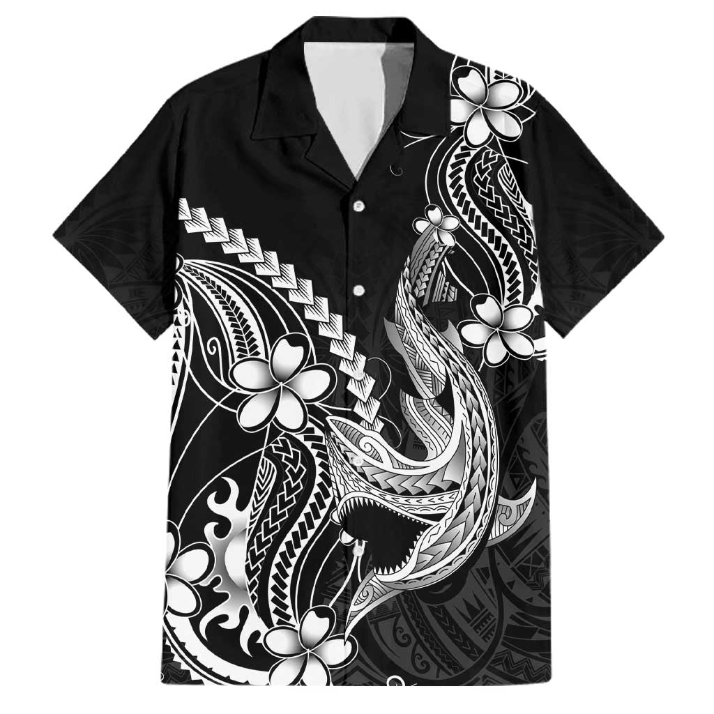 Black Aloha Hawaii Family Matching Tank Maxi Dress and Hawaiian Shirt Polynesian Shark Tattoo With Plumeria LT14 Dad's Shirt - Short Sleeve Black - Polynesian Pride