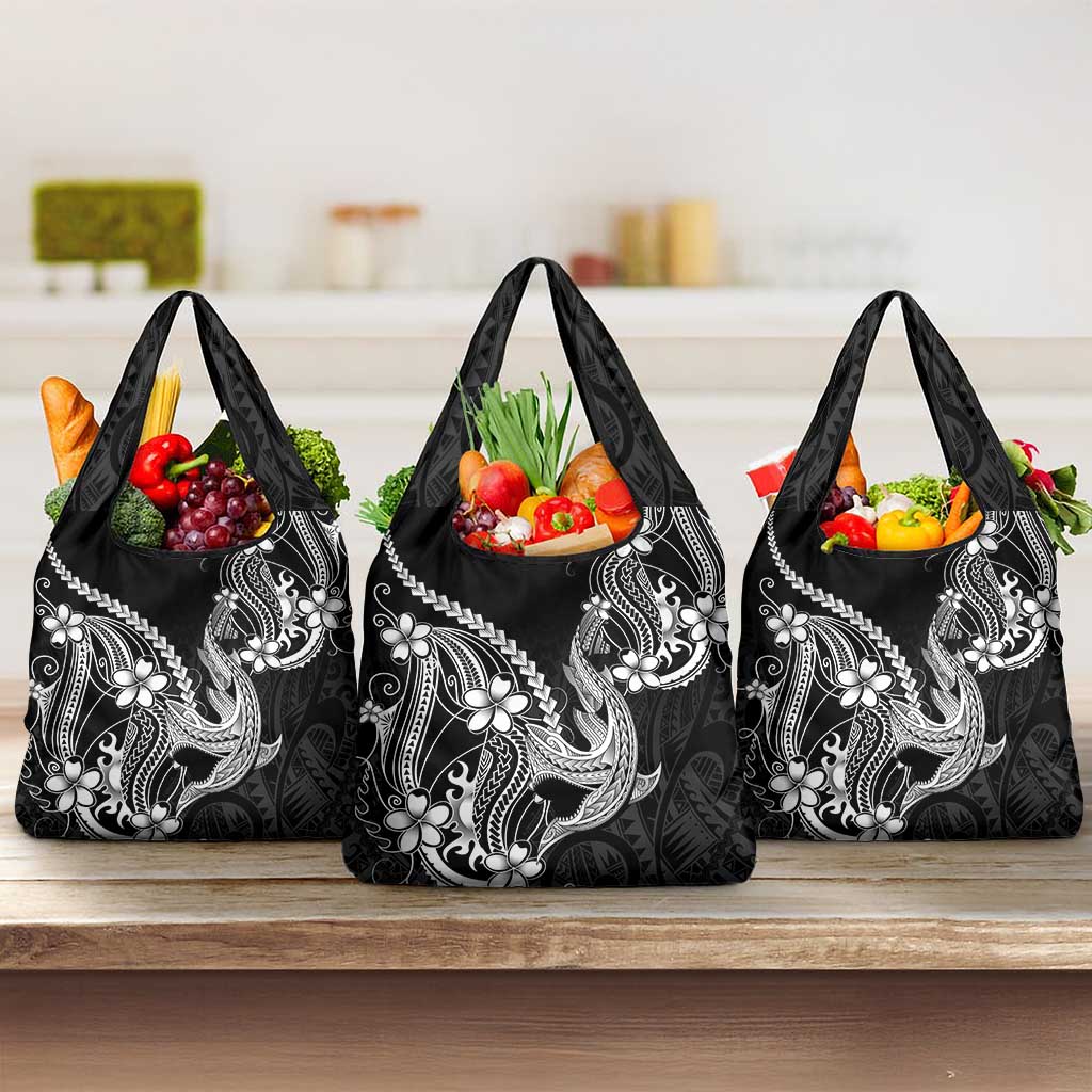 Black Aloha Hawaii Grocery Bag Polynesian Shark Tattoo With Plumeria - Polynesian Pride