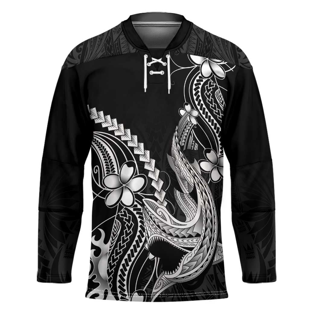 Black Aloha Hawaii Hockey Jersey Polynesian Shark Tattoo With Plumeria - Polynesian Pride