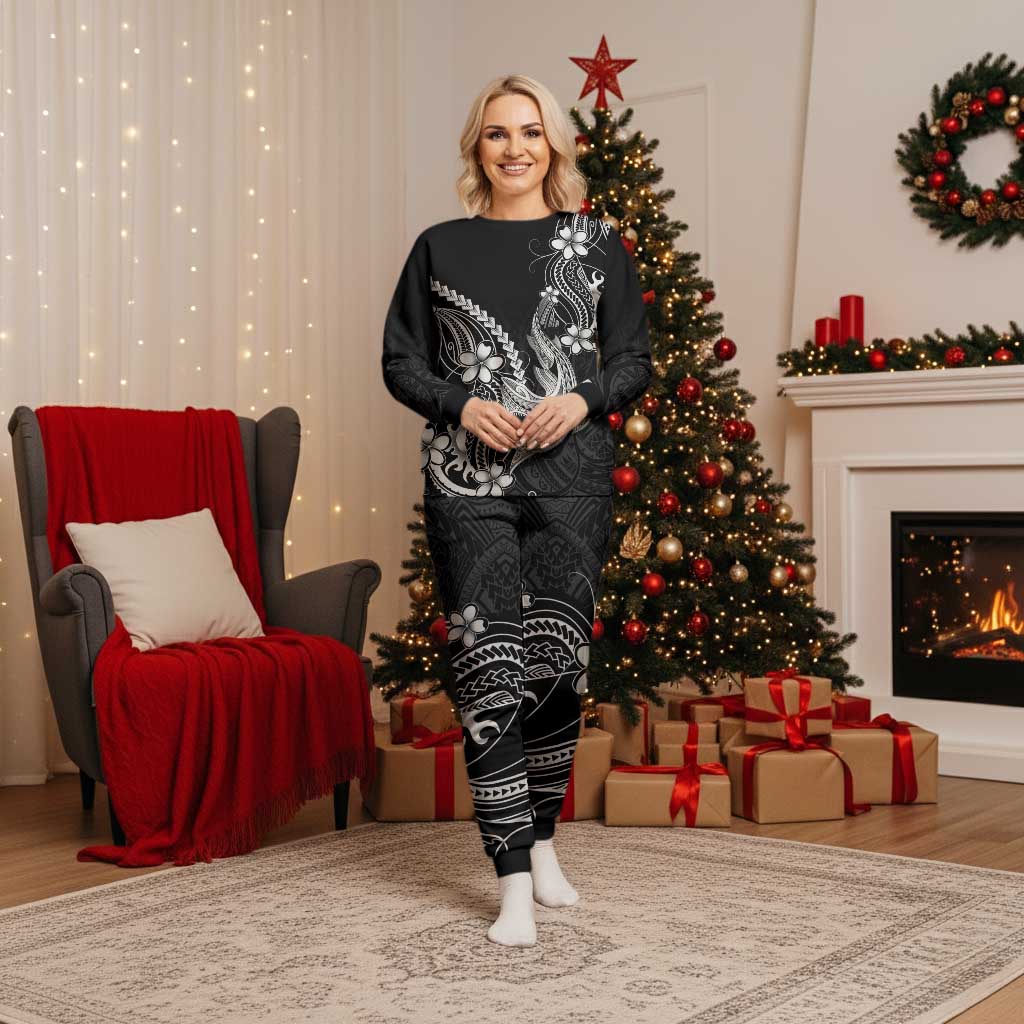 Black Aloha Hawaii Christmas Pajama Set Polynesian Shark Tattoo With Plumeria - Polynesian Pride