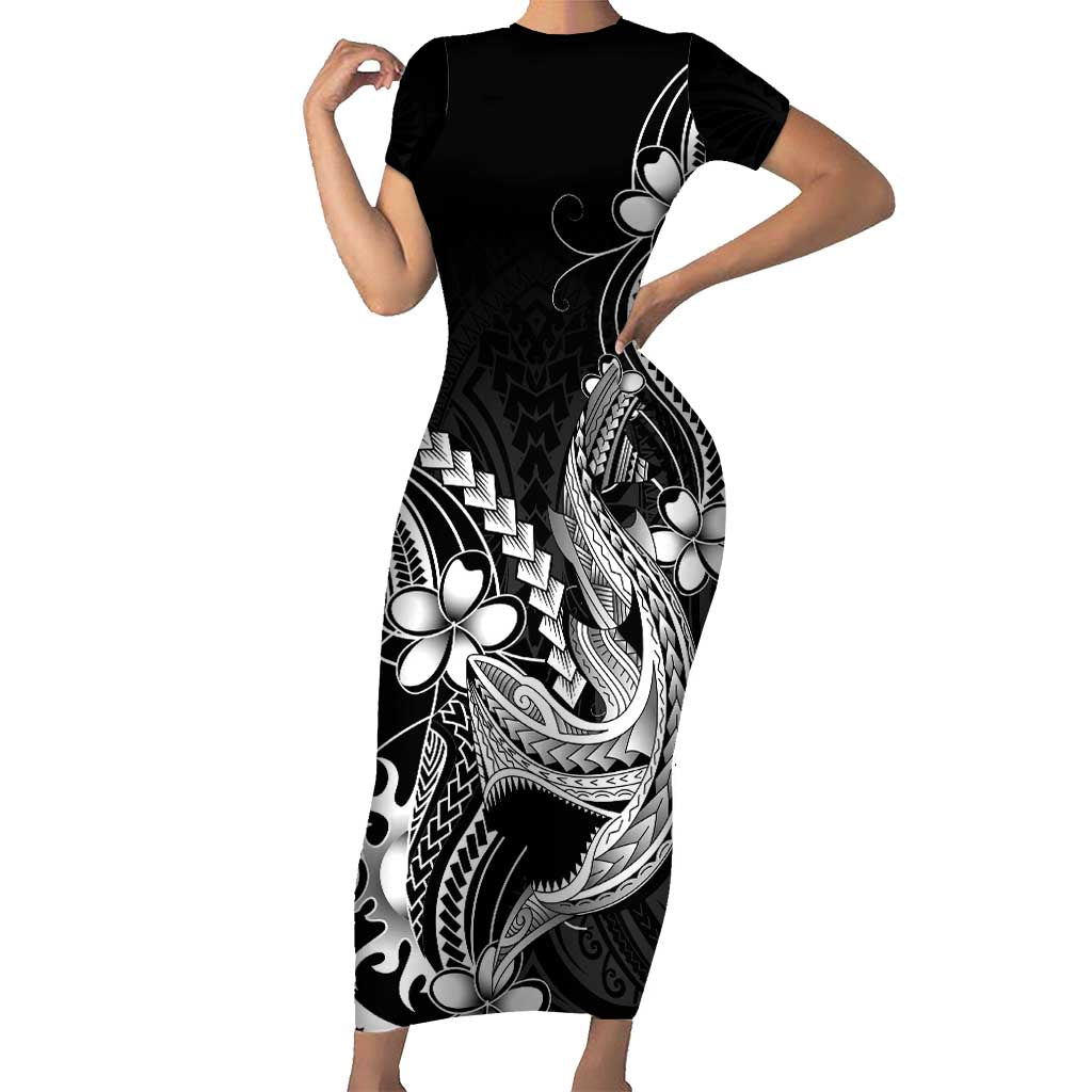 Black Aloha Hawaii Short Sleeve Bodycon Dress Polynesian Shark Tattoo With Plumeria LT14 Long Dress Black - Polynesian Pride