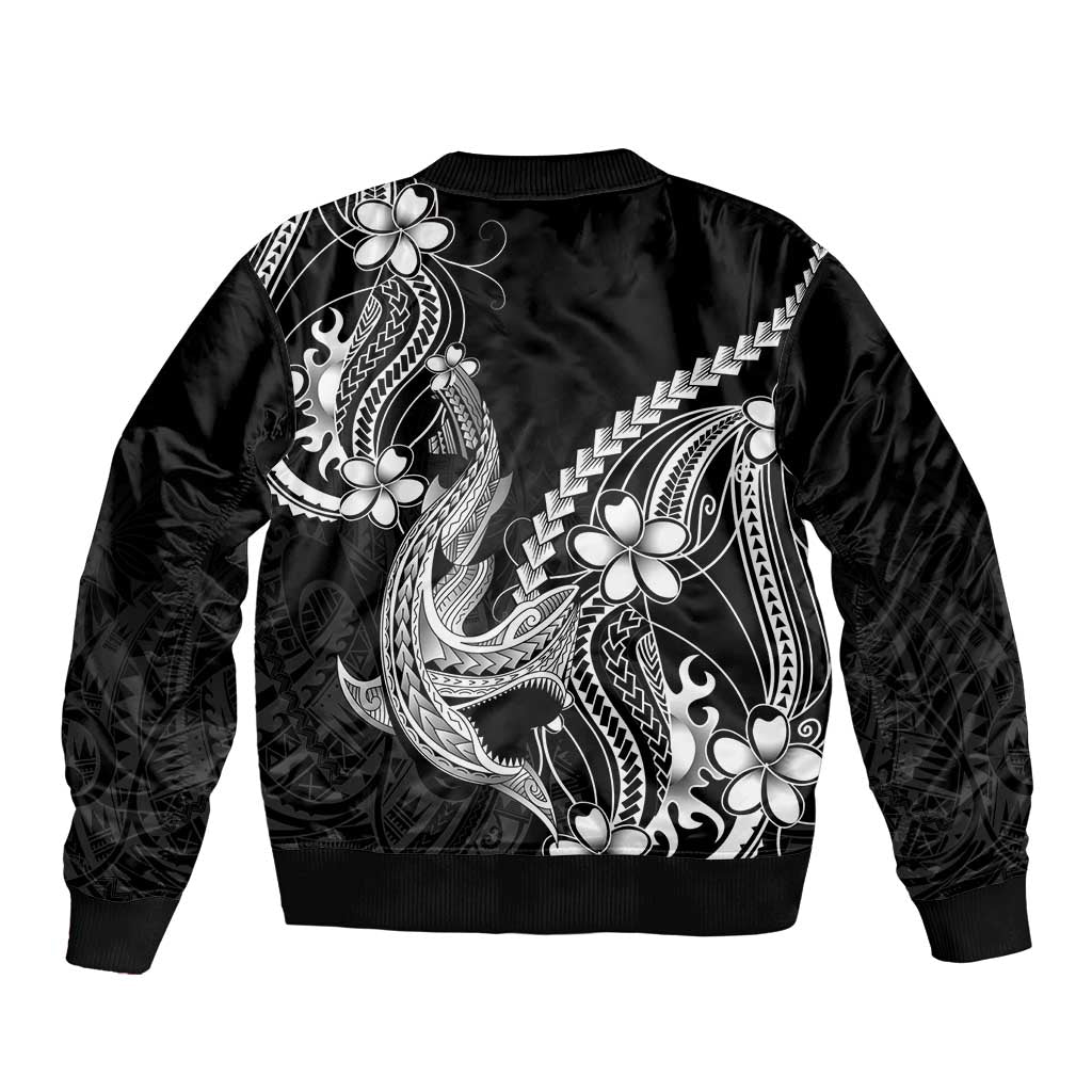 Black Aloha Hawaii Sleeve Zip Bomber Jacket Polynesian Shark Tattoo With Plumeria LT14 - Polynesian Pride