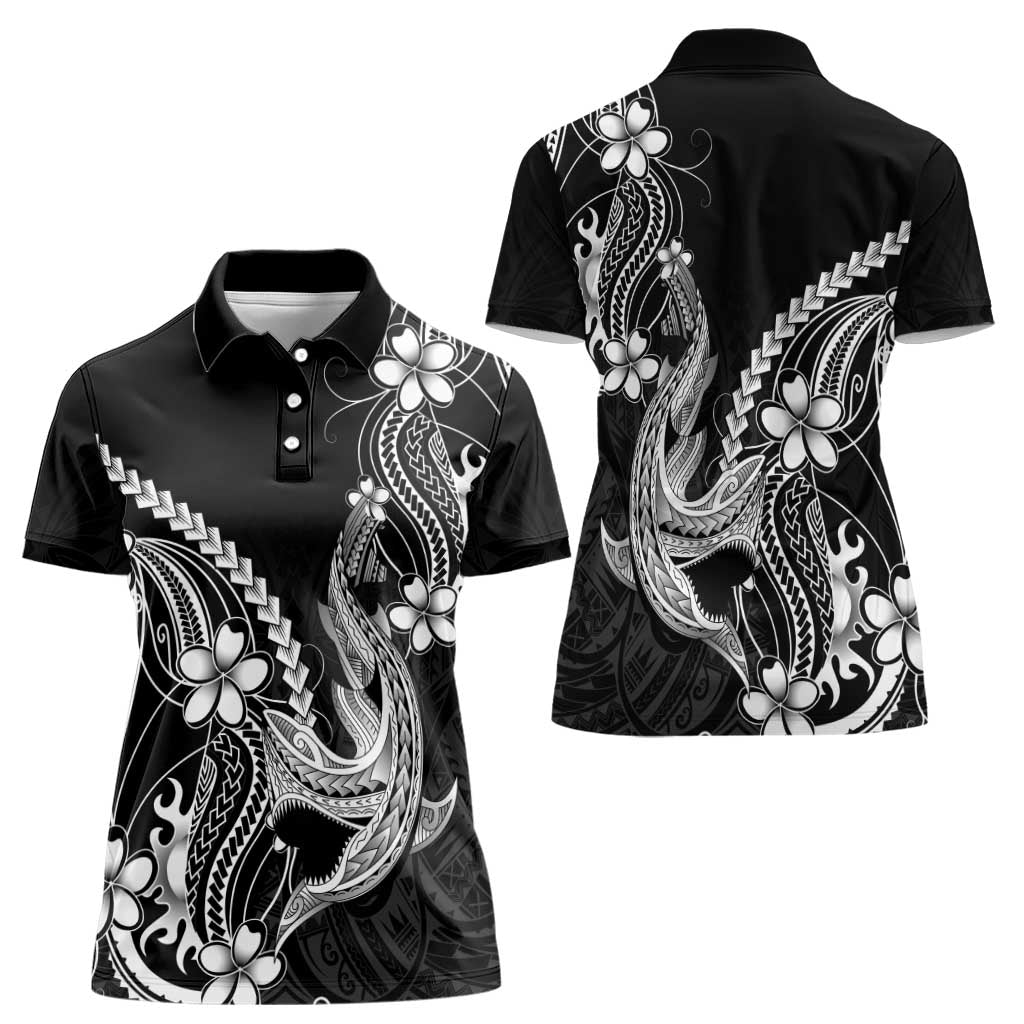 Black Aloha Hawaii Women Polo Shirt Polynesian Shark Tattoo With Plumeria - Polynesian Pride