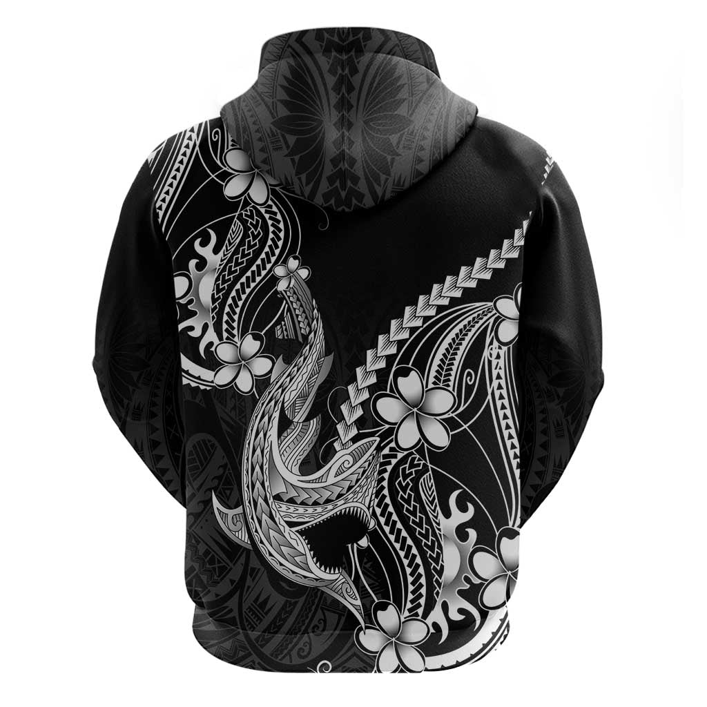 Black Aloha Hawaii Zip Hoodie Polynesian Shark Tattoo With Plumeria - Polynesian Pride