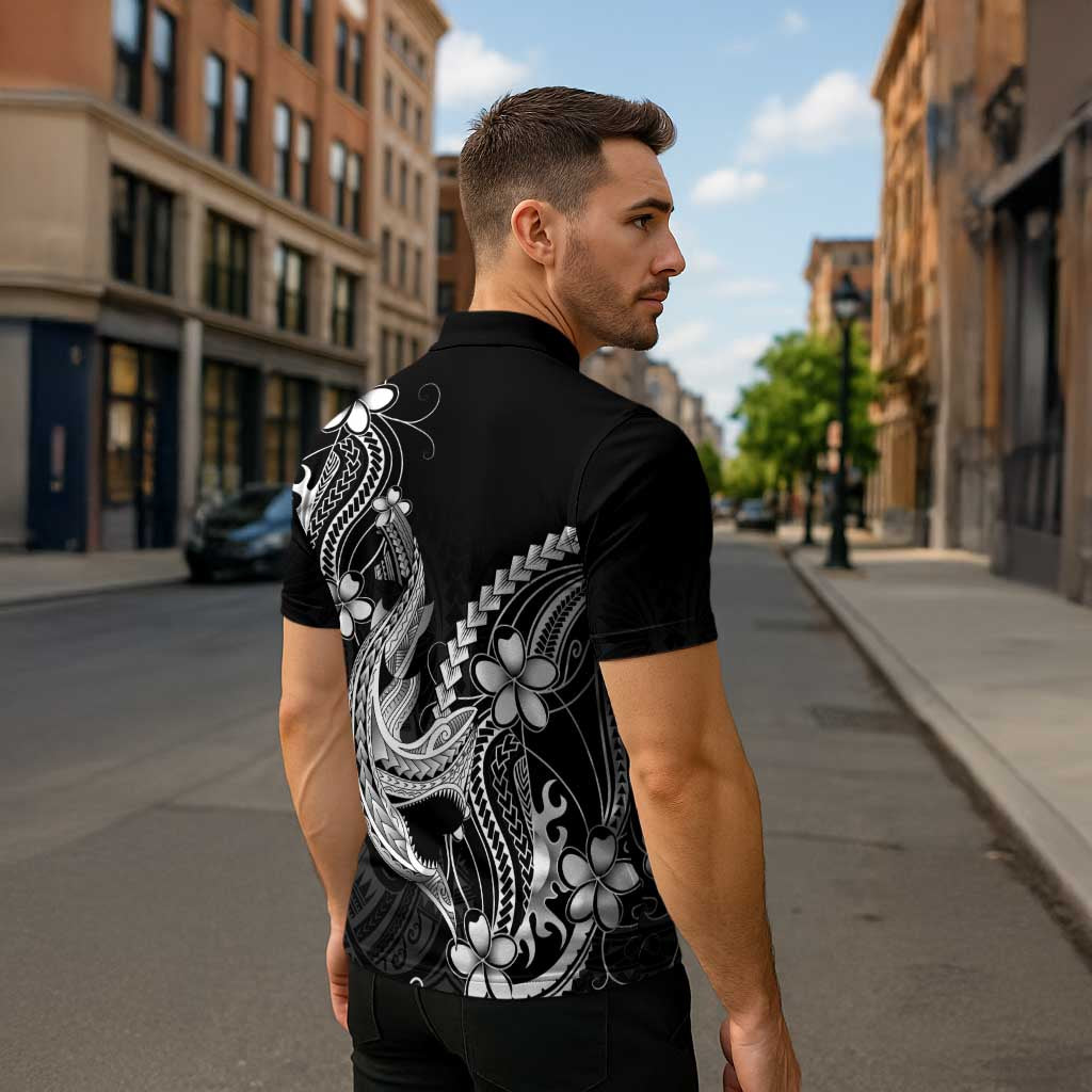 Black Aloha Hawaii Zipper Polo Shirt Polynesian Shark Tattoo With Plumeria - Polynesian Pride