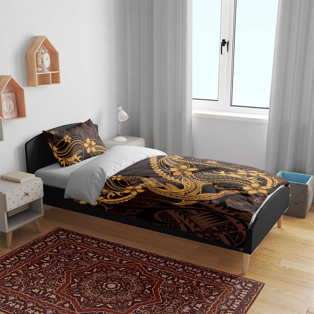 Gold Black Aloha Hawaii Bedding Set Polynesian Shark Tattoo With Plumeria - Polynesian Pride