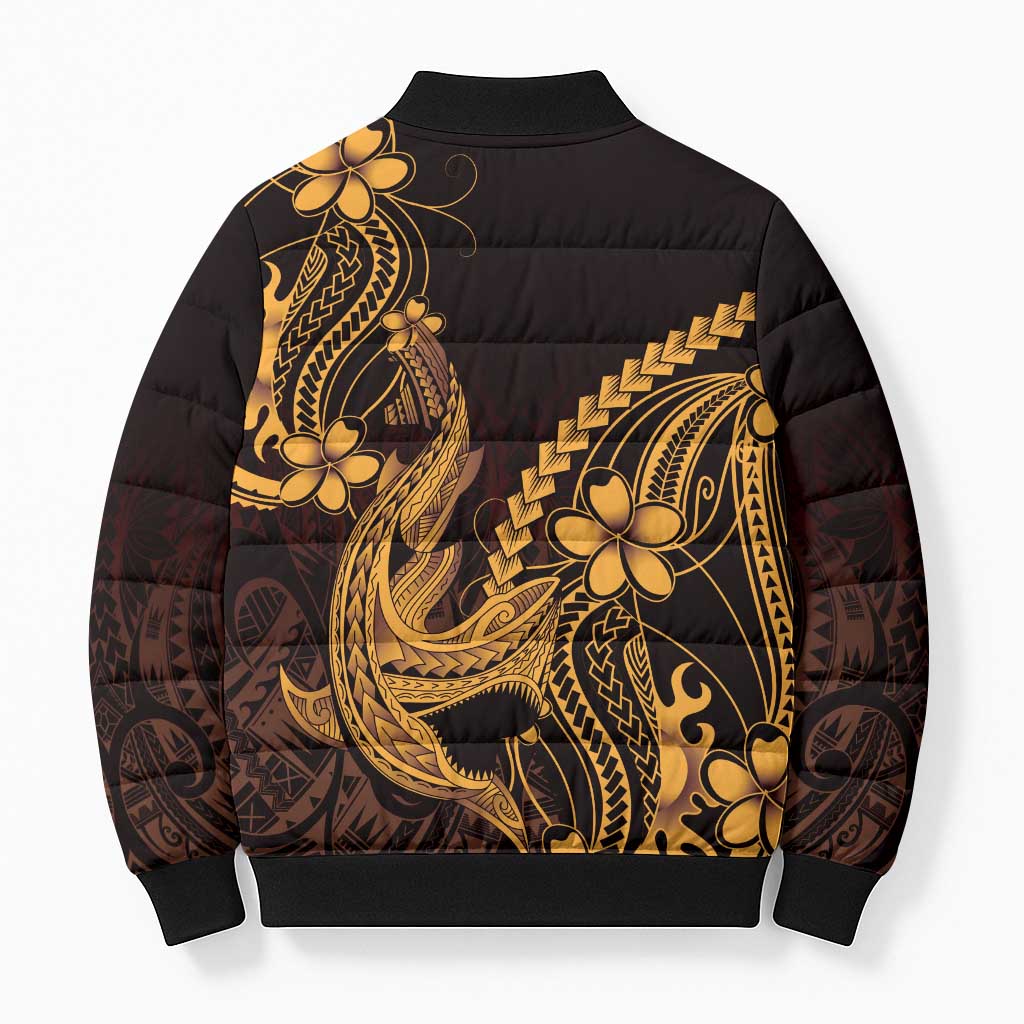 Gold Black Aloha Hawaii Bomber Puffer Jacket Polynesian Shark Tattoo With Plumeria LT14 - Polynesian Pride