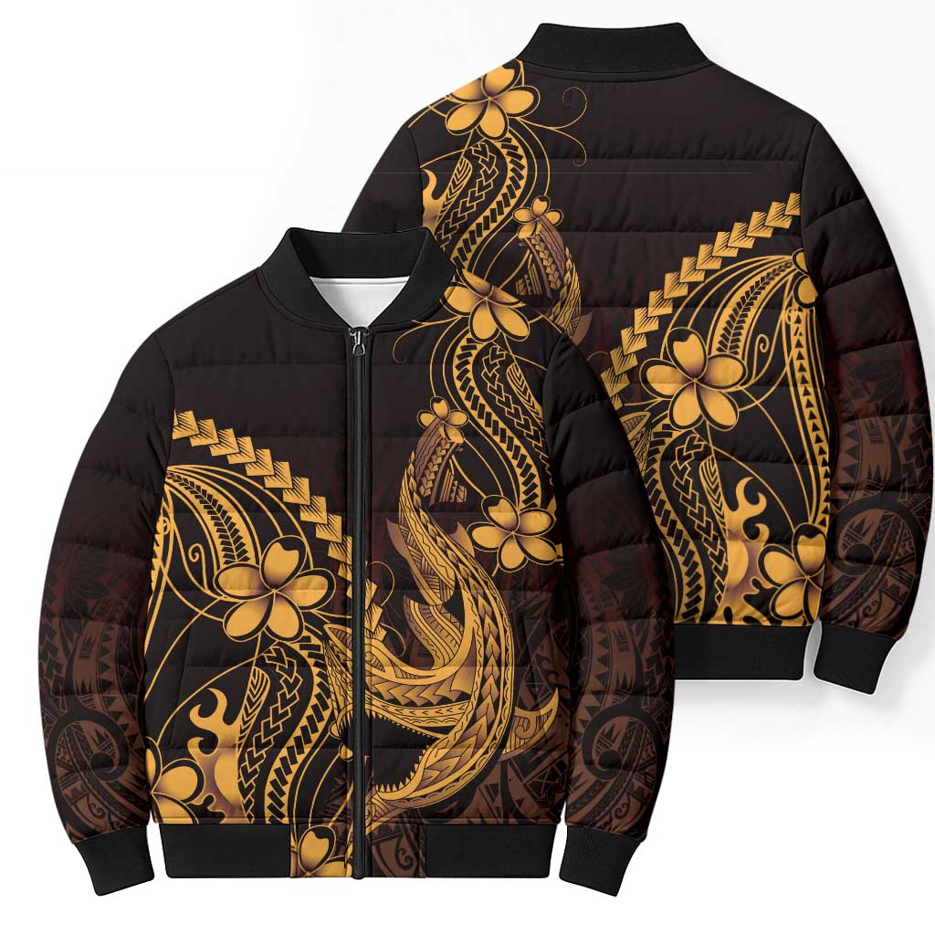 Gold Black Aloha Hawaii Bomber Puffer Jacket Polynesian Shark Tattoo With Plumeria LT14 - Polynesian Pride