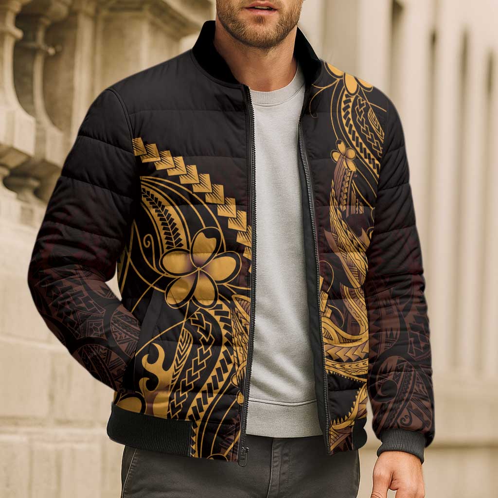 Gold Black Aloha Hawaii Bomber Puffer Jacket Polynesian Shark Tattoo With Plumeria LT14 - Polynesian Pride