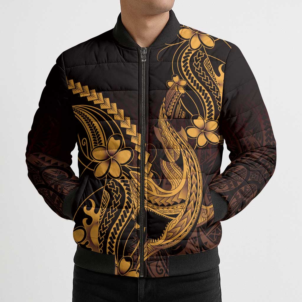 Gold Black Aloha Hawaii Bomber Puffer Jacket Polynesian Shark Tattoo With Plumeria LT14 - Polynesian Pride