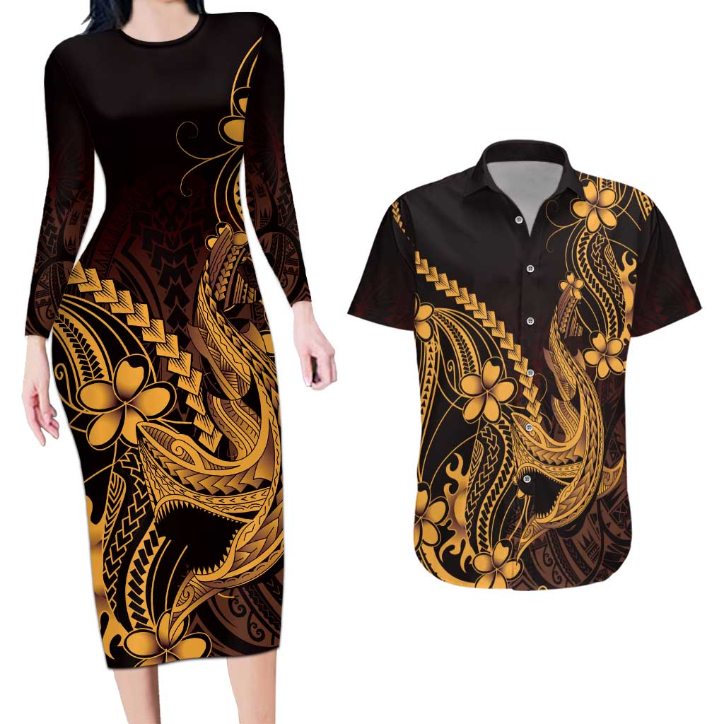 Gold Black Aloha Hawaii Couples Matching Long Sleeve Bodycon Dress and Hawaiian Shirt Polynesian Shark Tattoo With Plumeria LT14 Gold - Polynesian Pride