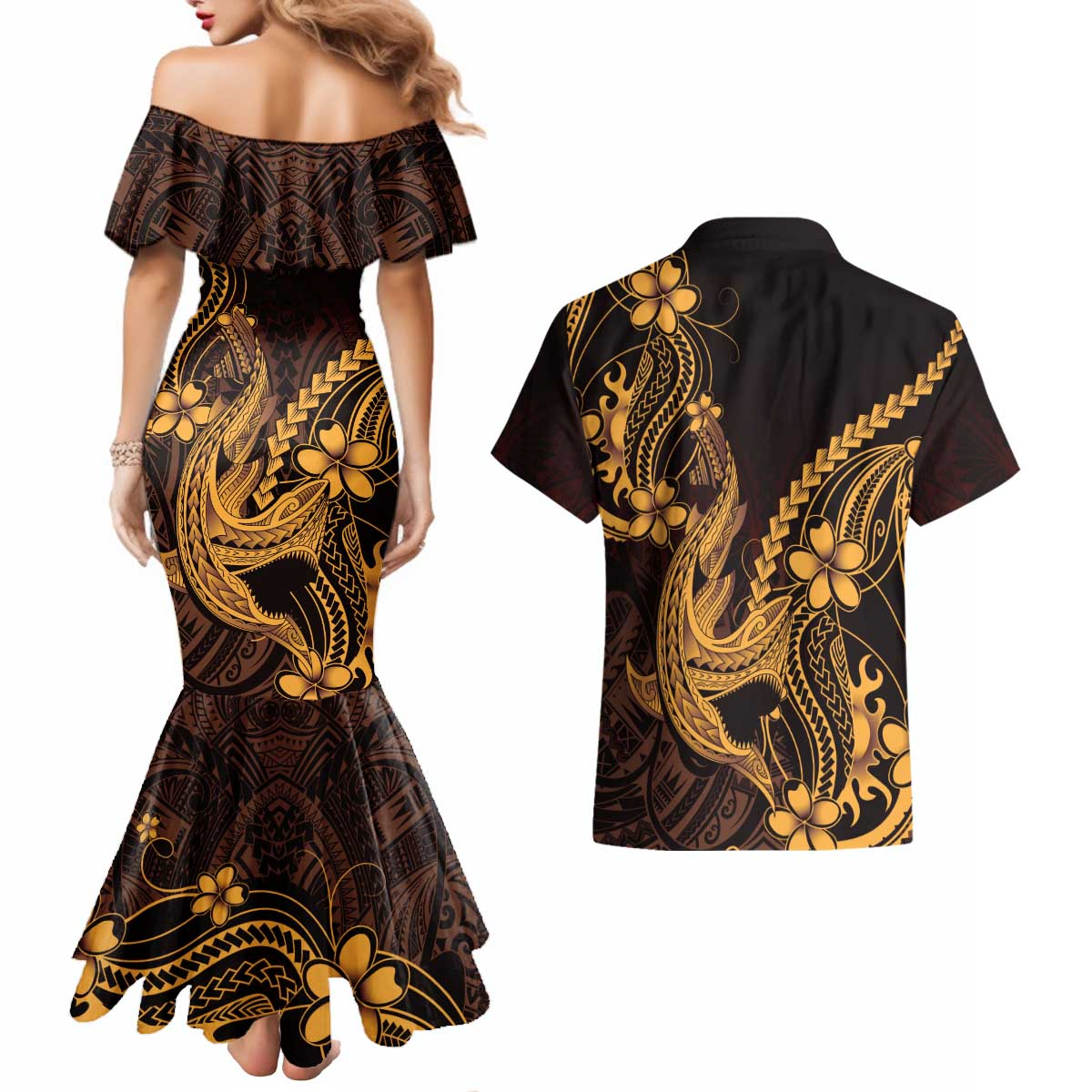 Gold Black Aloha Hawaii Couples Matching Mermaid Dress and Hawaiian Shirt Polynesian Shark Tattoo With Plumeria LT14 - Polynesian Pride