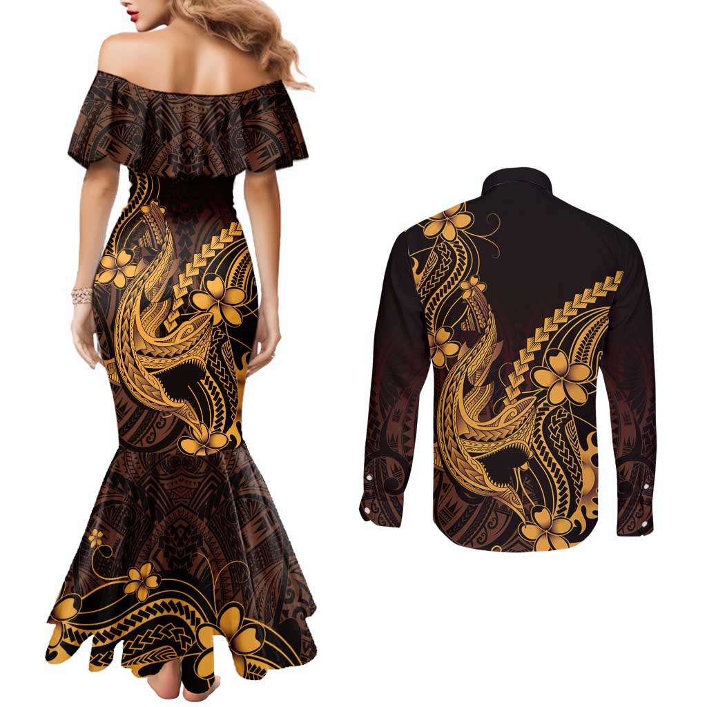 Gold Black Aloha Hawaii Couples Matching Mermaid Dress and Long Sleeve Button Shirt Polynesian Shark Tattoo With Plumeria LT14 - Polynesian Pride