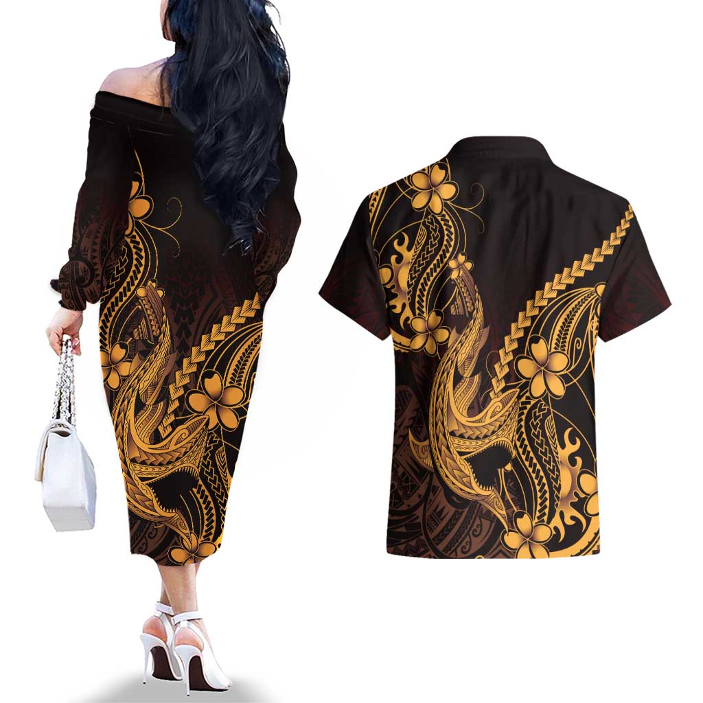 Gold Black Aloha Hawaii Couples Matching Off The Shoulder Long Sleeve Dress and Hawaiian Shirt Polynesian Shark Tattoo With Plumeria LT14 - Polynesian Pride