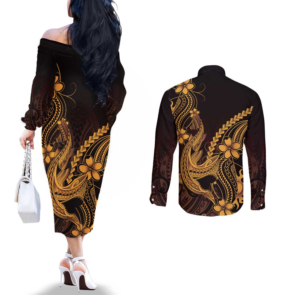 Gold Black Aloha Hawaii Couples Matching Off The Shoulder Long Sleeve Dress and Long Sleeve Button Shirt Polynesian Shark Tattoo With Plumeria LT14 - Polynesian Pride