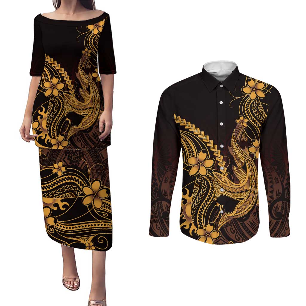 Gold Black Aloha Hawaii Couples Matching Puletasi and Long Sleeve Button Shirt Polynesian Shark Tattoo With Plumeria - Polynesian Pride