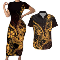 Gold Black Aloha Hawaii Couples Matching Short Sleeve Bodycon Dress and Hawaiian Shirt Polynesian Shark Tattoo With Plumeria LT14 Gold - Polynesian Pride