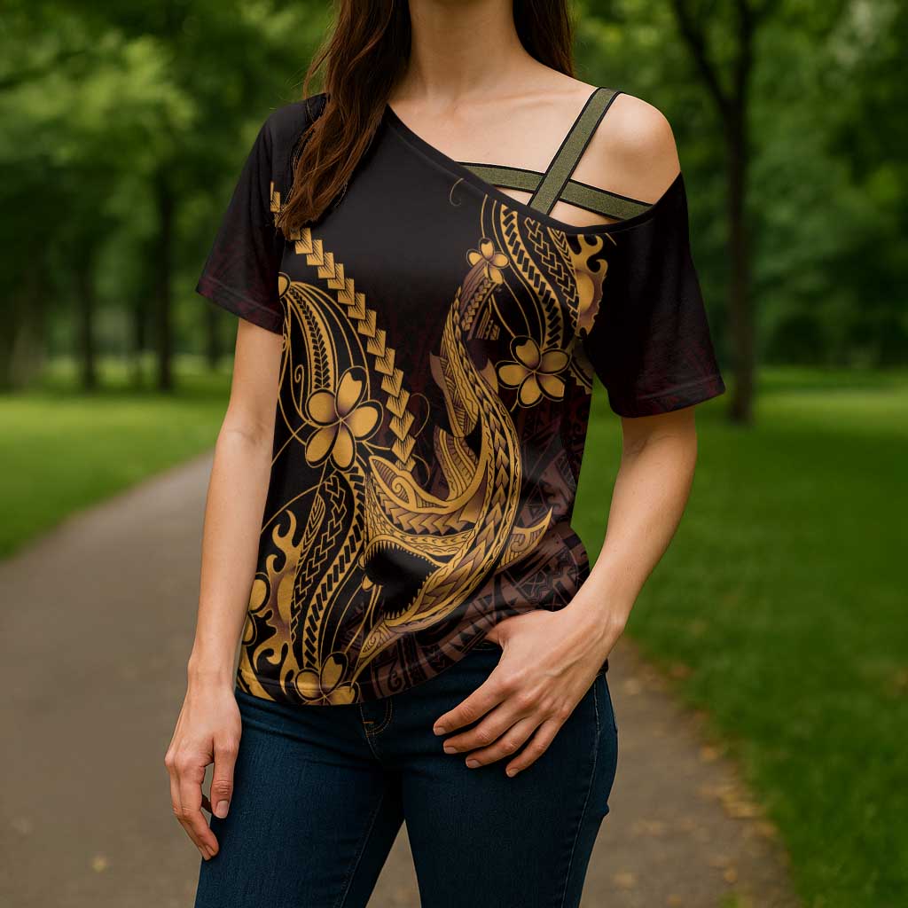 Gold Black Aloha Hawaii Cross Shoulder Shirt Polynesian Shark Tattoo With Plumeria - Polynesian Pride