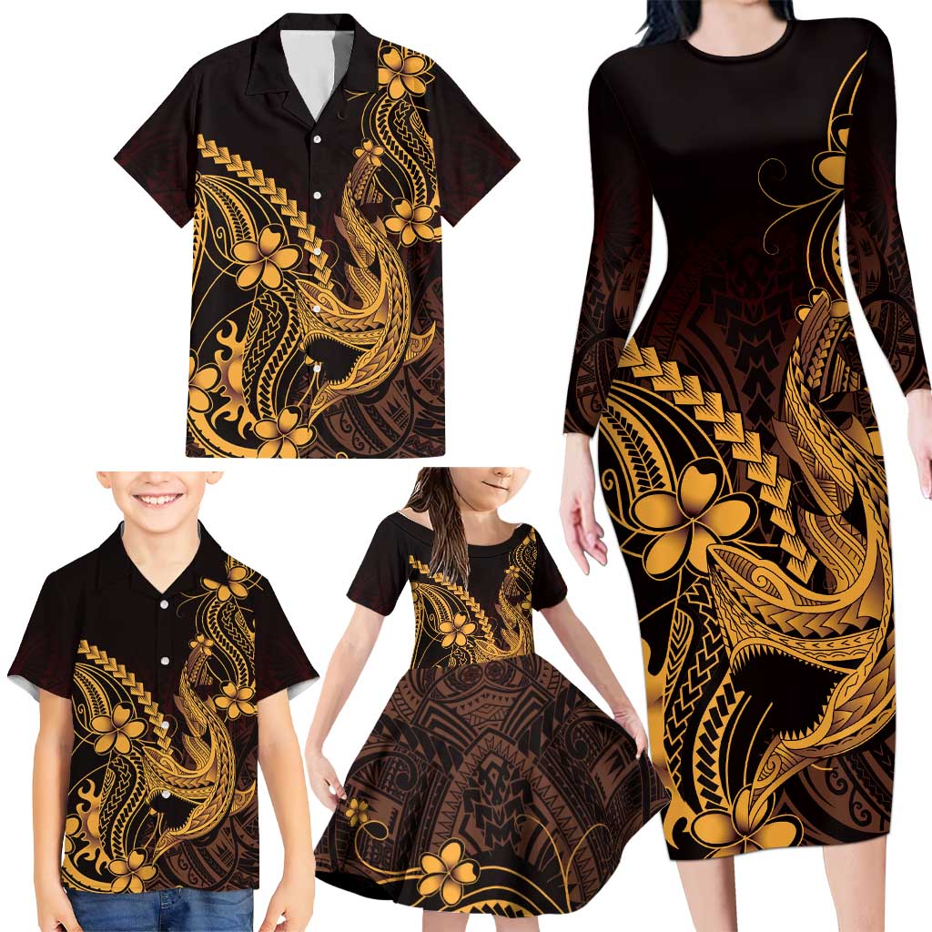 Gold Black Aloha Hawaii Family Matching Long Sleeve Bodycon Dress and Hawaiian Shirt Polynesian Shark Tattoo With Plumeria - Polynesian Pride