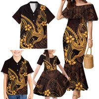 Gold Black Aloha Hawaii Family Matching Mermaid Dress and Hawaiian Shirt Polynesian Shark Tattoo With Plumeria LT14 - Polynesian Pride