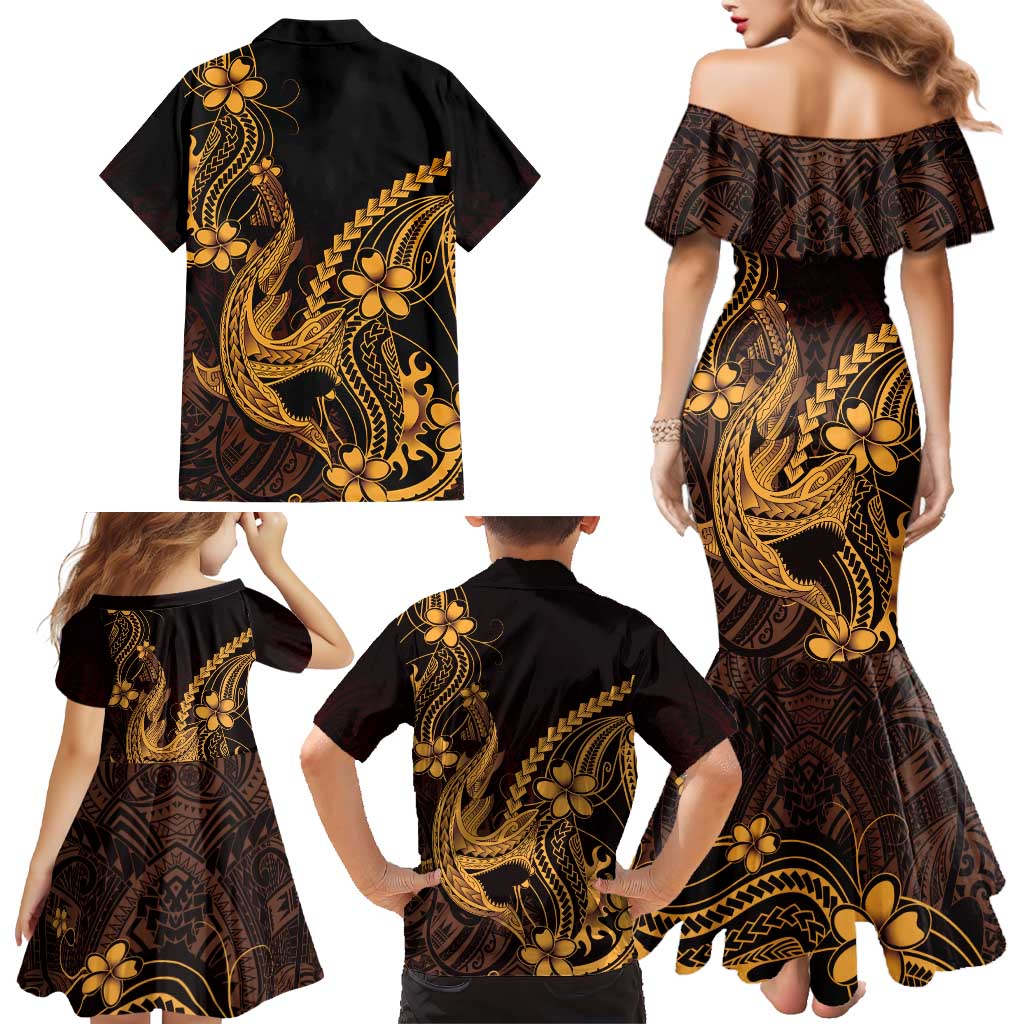 Gold Black Aloha Hawaii Family Matching Mermaid Dress and Hawaiian Shirt Polynesian Shark Tattoo With Plumeria LT14 - Polynesian Pride
