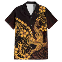 Gold Black Aloha Hawaii Family Matching Mermaid Dress and Hawaiian Shirt Polynesian Shark Tattoo With Plumeria LT14 Dad's Shirt - Short Sleeve Gold - Polynesian Pride